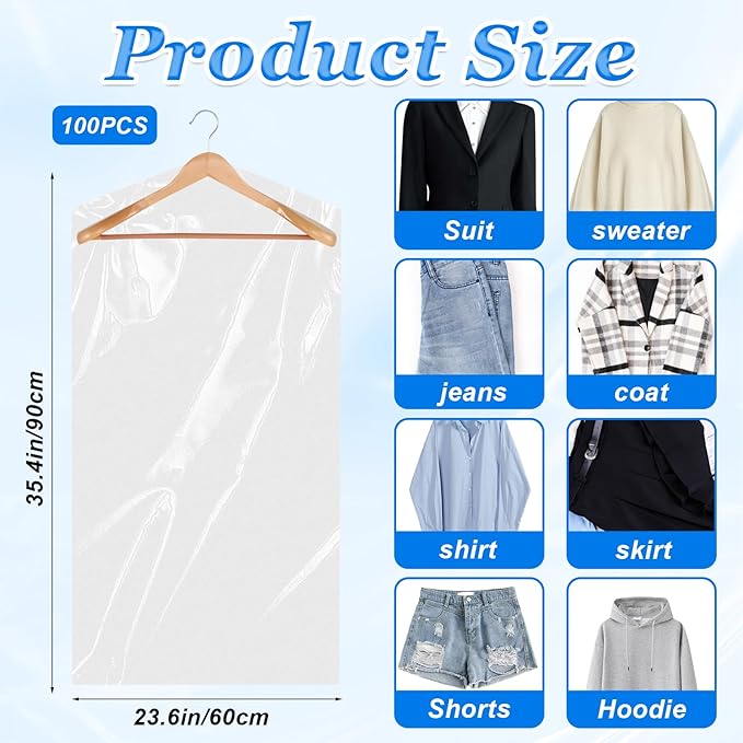 100 Pack Plastic Dry Cleaning Bags 23.6x35.4 Inch Garment Bags for Hanging Clothes Clear Dry Cleaner Covers Transparent Dust-Proof Clothing Covers for Suits Coats Uniforms Laundrette