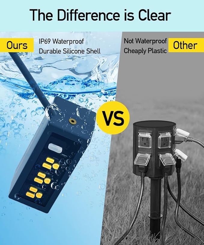 Outdoor Power Strip Weatherproof, ZZJ IP69 Grade Waterproof Surge Protector, 25 FT Outdoor Extension Cord with Stake, 6 AC Outlets,14 AWG Heavy Duty Cord for Outdoor Patio Garden-Black