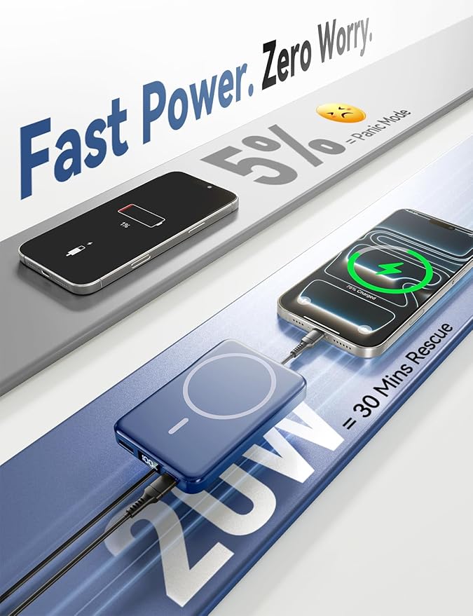 Aobbow Magnetic Portable Charger, 10000mAh for Magsafe Battery Pack, 20W Fast Charging Power Bank, Travel Essential of Wireless Charger Compatible with iPhone 17/16/15/14/13 Pro/Max/Air/Plus-DarkBlue