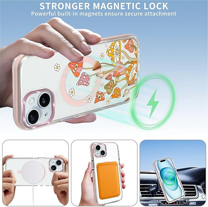 Case for iPhone 13/14,[Compatible with MagSafe],Retro Mushroom Sunflower Phone Case Design，for Women Girls Magnetic Clear Cover - Slim, Sleek, & Shockproof Protection