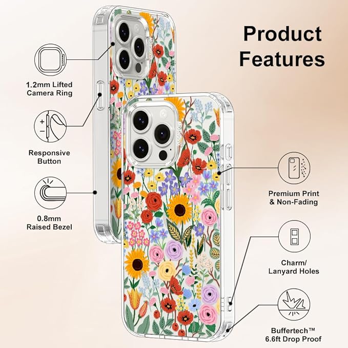 MOSNOVO Case for iPhone 15 Pro Max, [Buffertech 6.6ft Military-Grade Drop Protection] [Anti Peel Off Tech] Clear TPU Bumper Phone Case Cover Design - Blossom & Bloom