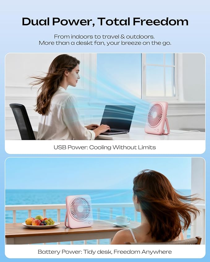 Otlonpe Personal Portable Desk Fan, 4000mAh Small Rechargeable Portable Fan Battery Operated & USB Powered for Travel Sleeping Bedroom Office Home Table, Cordless, Quiet, 4-Speed, 6.5 Inch (Pink)