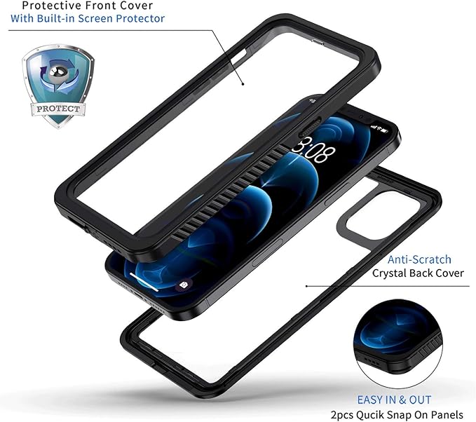 Lanhiem for iPhone 12 Case, Waterproof Dustproof Shockproof Case with Built-in Screen Protector [Not for iPhone 12 Pro], Full Body Underwater Protective Cover for iPhone 12 6.1 inch -Black