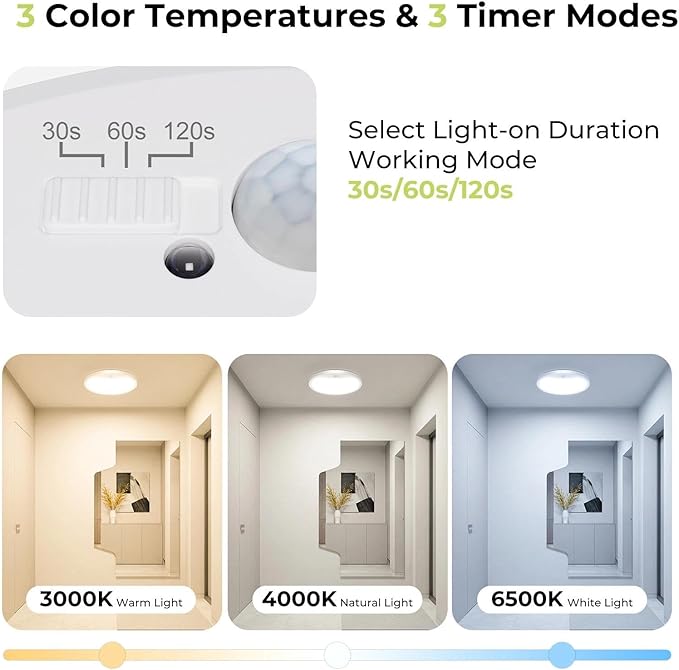 hepside 4 Pack Motion Sensor Ceiling Light Wired, 3000K/4000K/6500K LED Flush Mount Ceiling Light Fixture, 8.7Inch 18W Motion Sensor Light with Timer for Closet Stair Porch Hallway Pantry,White