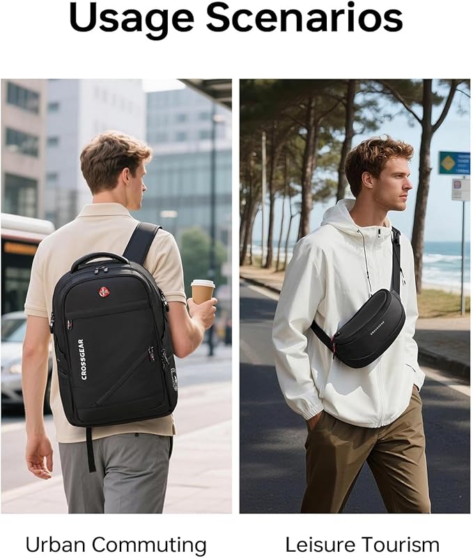 CROSSGEAR Travel Laptop Backpack + Crossbody Sling Bag Set, Fits 14-17.3" Laptop Computer, Anti Theft Lock, Charging Port, Multi-pocket, 25L Waterproof Work Business Backpack for Men Women, Black