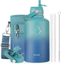 BUZIO 64oz Insulated Water Bottle with Straw Lid and Spout Cap, Stainless Steel Powder-Coat Water Flask, Keep Beverage Cold for 48 Hrs Hot for 24 Hrs Simple Thermo Canteen Mug, Gradient Cyan