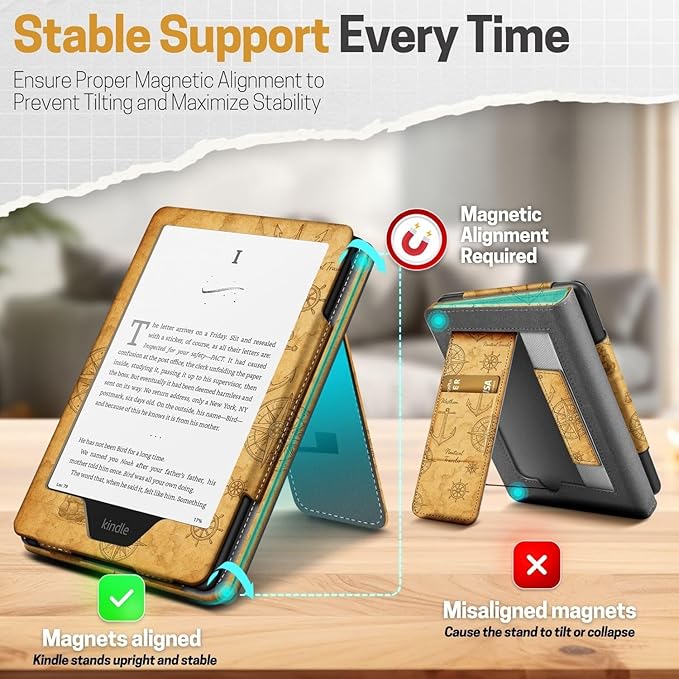 TNP Stand Case for Kindle Paperwhite 12th Generation 2024 / Kindle Colorsoft Signature Edition with Hand Strap & Card Slot - 7" PU Leather Protective Folio Cover with Auto Wake/Sleep, Nautical Map