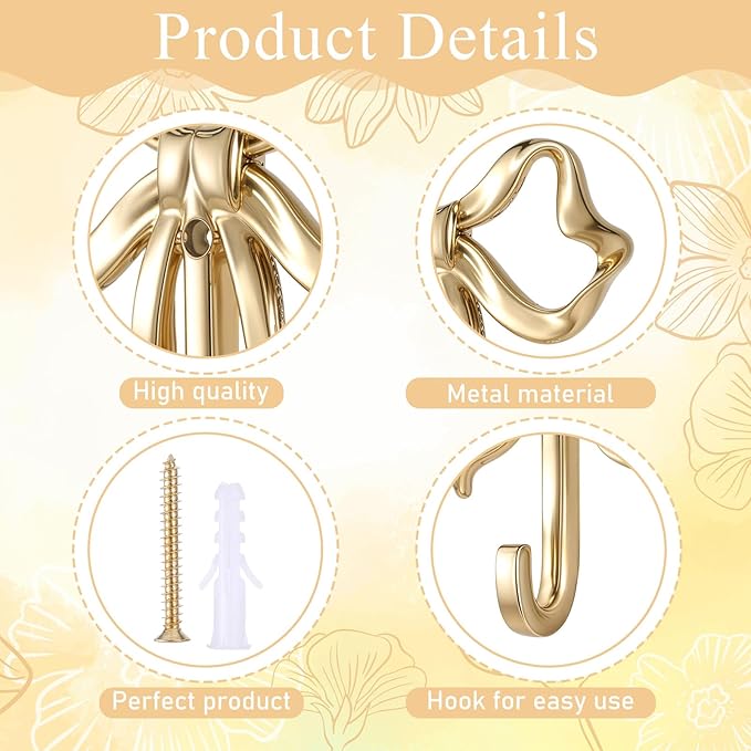 WLLHYF Small Bow Hook, 4 Pcs Bowknot Hook Decorative Bow Wall Decor Towel Hooks Multi-Purpose Hat Bright Yellow Gold Finish Wall Hooks for Bathroom Living Room Decor Hanging Coat