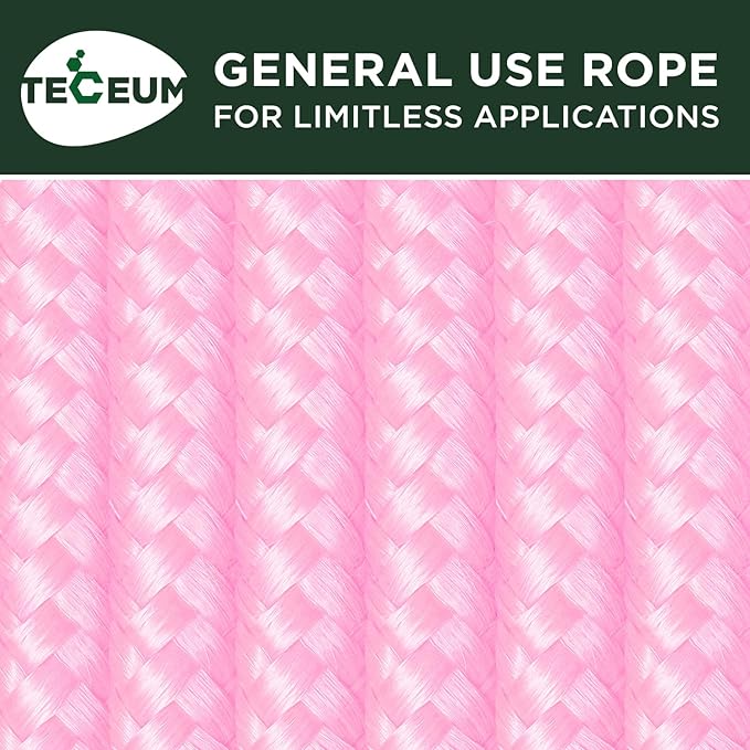 TECEUM Rope – 90 Feet x 1/4 Inch (7mm) – Pink – Strong All-Purpose Utility Rope – Camping, Crafting, Flag Pole, Indoor & Outdoor – Polypropylene Nylon Poly Lightweight Diamond Braided Cord