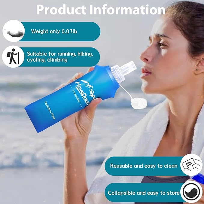 2 Packs Soft Flask, 17oz/500ml TPU Collapsible Soft Water Bottle for Hydration Pack, Running Vest, BPA-Free Folding Water Bottles for Hiking Cycling Climbing Running Outdoor Sports