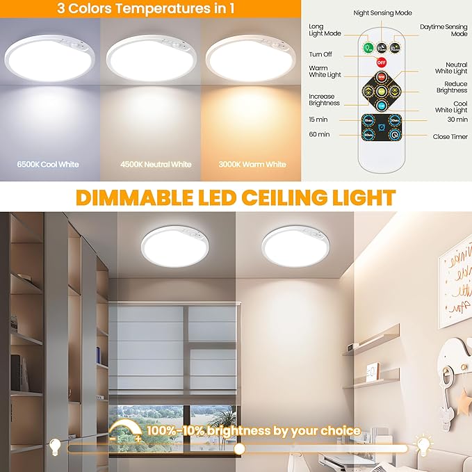 SunRider 12 Inch Rechargeable Motion Sensor LED Ceiling Light with Remote, Wireless Dimmable 3CCT Battery Operated LED Closet Lights for Stair, 2-Pack