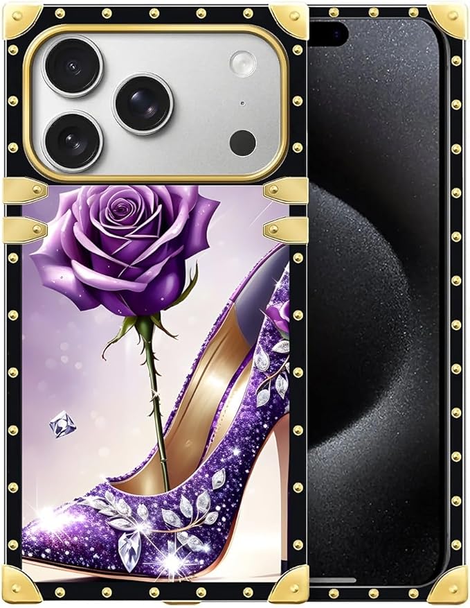 for iPhone 17 Pro Case Luxury Golden Decoration for Girl Women Soft TPU Shockproof Protective Hard PC Back for iPhone 17 Pro Crazy Pattern High Heeled Purple Diamond Rose