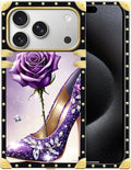 for iPhone 17 Pro Case Luxury Golden Decoration for Girl Women Soft TPU Shockproof Protective Hard PC Back for iPhone 17 Pro Crazy Pattern High Heeled Purple Diamond Rose