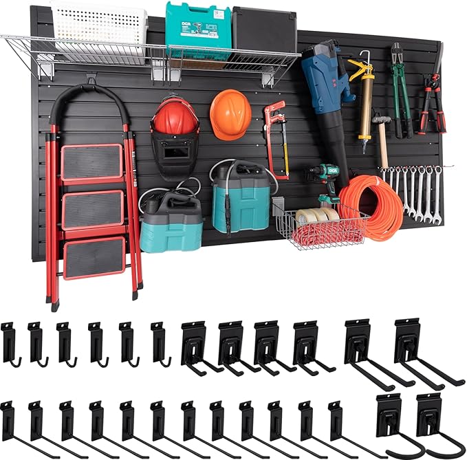 FRAYSCENT Slat Wall Paneling Garage Slat Wall Storage Systems Slatwall Panels Power Tool Organizer Wall Mount, PVC Garage Storage & Organization Products Slate Board (Black, 4ft x 8ft with 26 Hooks)