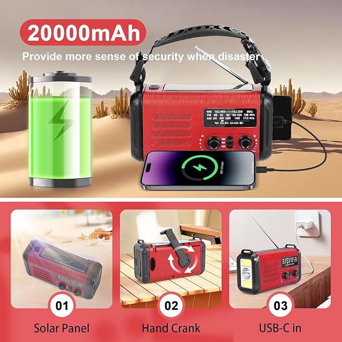 Emergency Hand Crank Solar Radio 20000mAh with Clear Signal, AM FM NOAA Weather Radio Battery Operated with 2-Mode LED Flashlight Cell Phone Charger Dual Outputs SOS for Emergencies