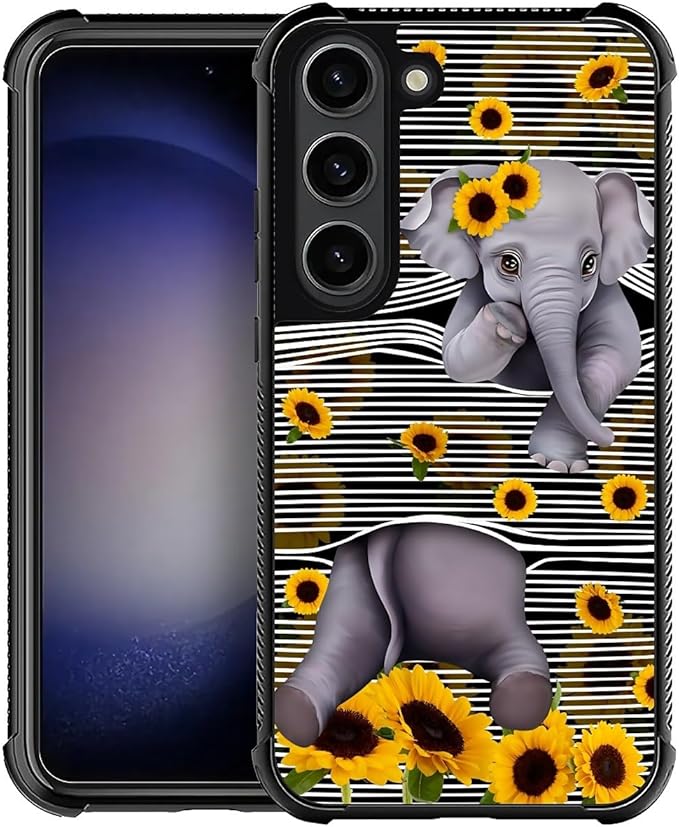 for Samsung Galaxy S23 Plus Case, Cute Little Elephant Sunflower White Line Art Pattern Graphic Design Soft Silicone Hard Acrylic Shock Protection for Samsung Galaxy S23 Plus