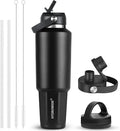 HYDROWION 40 oz Insulated Water Bottle, Car Water Bottle Holder - Double Wall Vacuum Insulated Travel Bottle with Straw Lid, Spout Lid and Flex Cap - Cold for 24H, Hot for 12H, Black