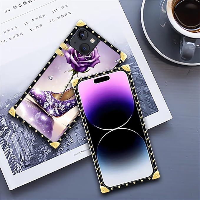 Compatible with iPhone 14 Case, High Heeled Purple Diamond Rose Luxury Golden Decoration for Girl Women Soft TPU Shockproof Protective Hard PC Back for iPhone 14