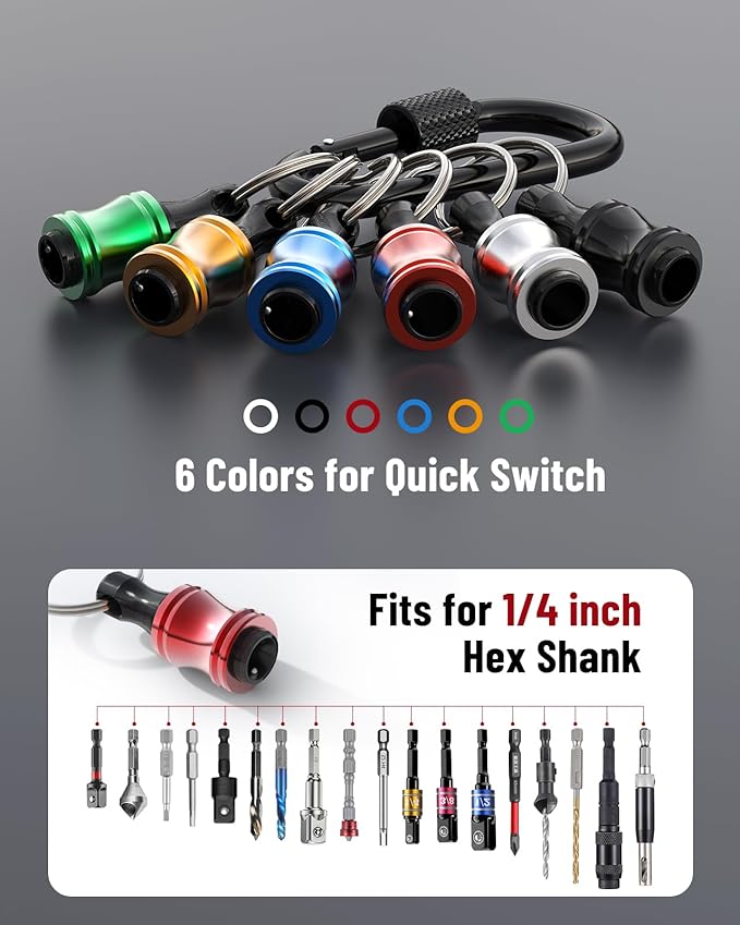 katerk 18pcs Bit Holder with Carabiner Socket for Mens Gift, 1/4 inch Hex Shank Aluminum Alloy Screwdriver Bit Holders, Quick Release Easy Change Impact Driver Drill Bit Keychain Extension