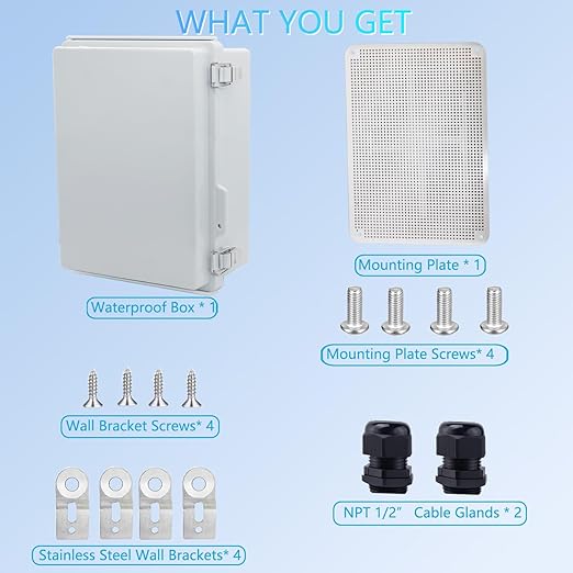 IP67 Waterproof Junction Box, ABS Plastic Electrical Enclosure with Stainless Steel Latch, Hinged Cover Electric Box with Mounting Plate, Wall Brackets & Cable Glands 380x280x130mm