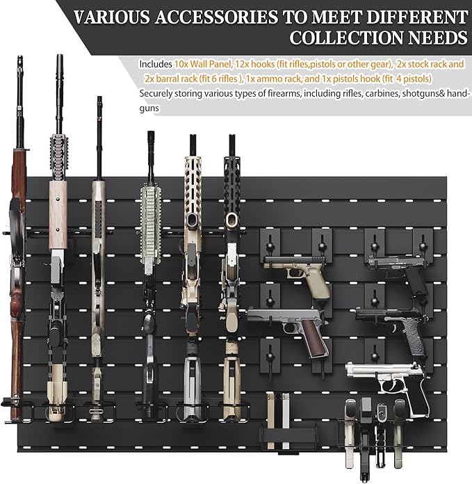 Wall Rack System - Aluminium Heavy-Duty Tactical Storage for Rifles, Carbines, Shotguns & Handguns, Modular Slatwall Organizer Holds up to 6 Rifles, 10 Pistols & 4 Mags