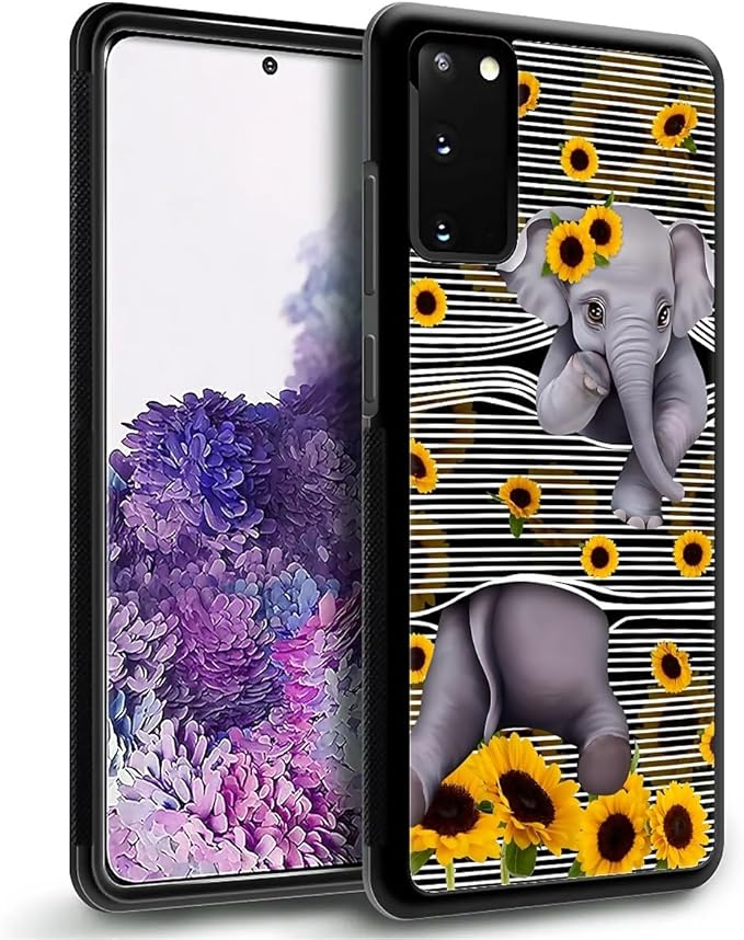 for Samsung Galaxy S20 Case, Cute Little Elephant Sunflower White Line Art Pattern Graphic Design Girl Boy Soft Silicone Hard Acrylic Shock Protection for Samsung Galaxy S20