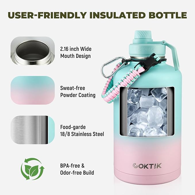 COKTIK 84oz Insulated Water Bottle - Stainless Steel Vacuum Metal, Portable ½ Gallon Large-Capacity Sports Bottle with Straw, Carry Bag and Handle Strap, Ideal for Gym & Hiking（Bubble Gum)