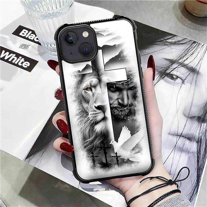 for iPhone 15 Plus Case, Lion Cross Jesus Christ Dove Pattern Made of Soft Silicone Hard Acrylic Shock Protection for iPhone 15 Plus