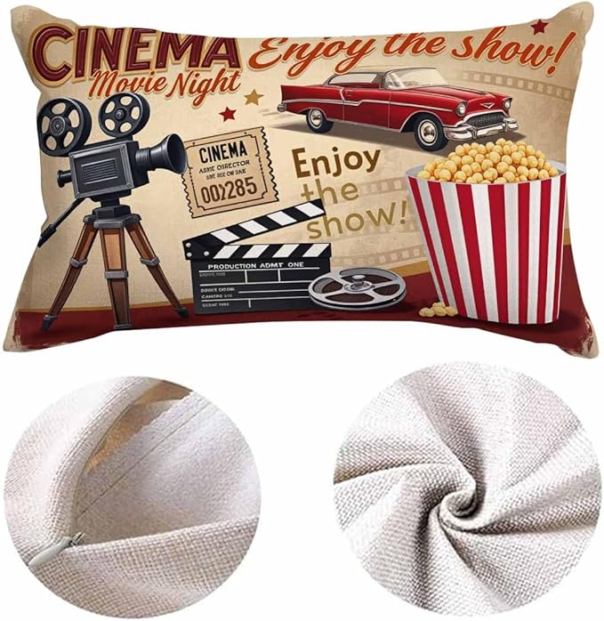 EKOBLA Throw Pillow Case 12x20 Inch Cinema Retro Poster Letters Movie Night Enjoy The Show Pop Corn Projector Studio Decorative Throw Pillow Cover Rectangle Cushion Covers Cotton Linen 12x20 Inch