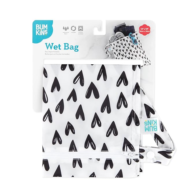 Bumkins Waterproof Wet Bag for Baby, Travel, Swim Suit, Cloth Diapers, Pump Parts, Pool, Beach, Gym Clothes, Toiletry, Hook to Stroller, Daycare, Zipper Reusable Wetdry Packing Pouch, Black Hearts