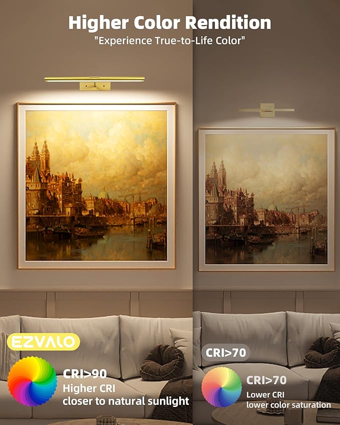 EZVALO Picture Light for Wall, 4800mAh Rechargeable Wireless Remote, 16in Dimmable Magnetic LED Art Display Light with 3 Color Temperatures, for Gallery, Living Room, Bedroom, Hallway (Gold)
