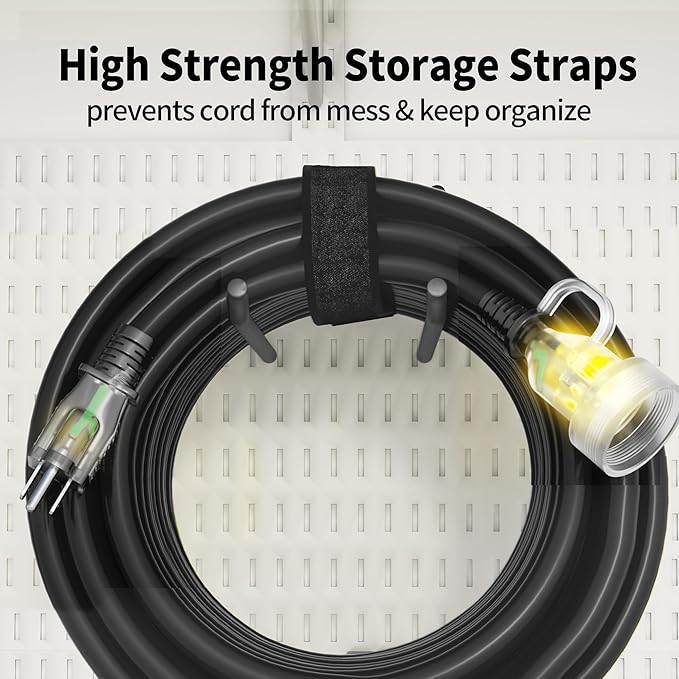 POWGRN 50FT 16 Gauge Black Outdoor Extension Cord Waterproof, 3 Prong Flexible Cold Weatherproof -58℉ Extension Cord, 13 AMP 1625W SJTW, ETL Listed