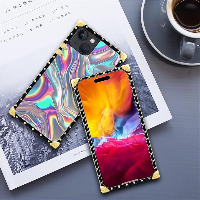 Compatible with iPhone 15 Case, Holographic Abstract Iridescent Textures Luxury Golden Decoration for Girl Women Soft TPU Shockproof Protective Hard PC Back for iPhone 15