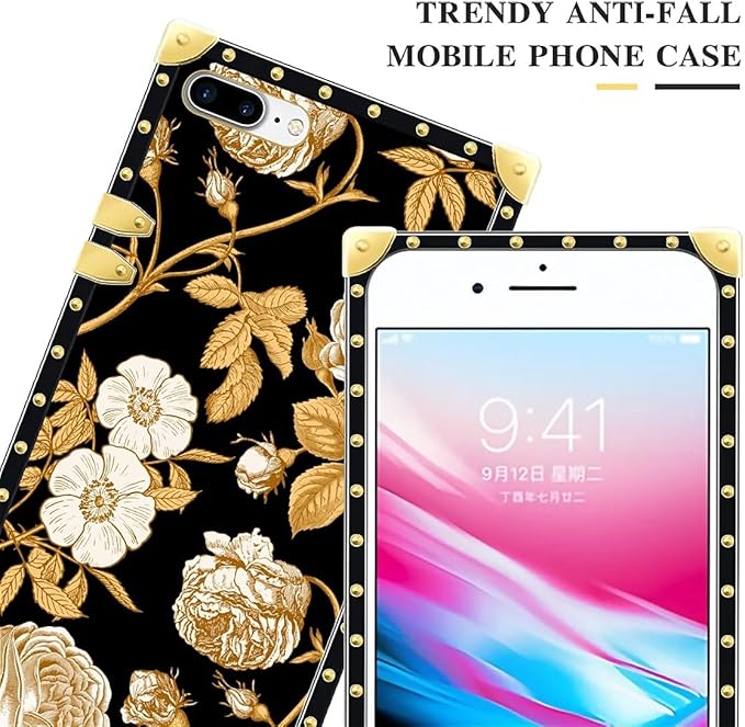 Compatible with iPhone 8 7 SE Case, Blooming Rose Golden Flower Luxury Golden Decoration for Girl Women Soft TPU Shockproof Protective Hard PC Back for iPhone 8 7 SE