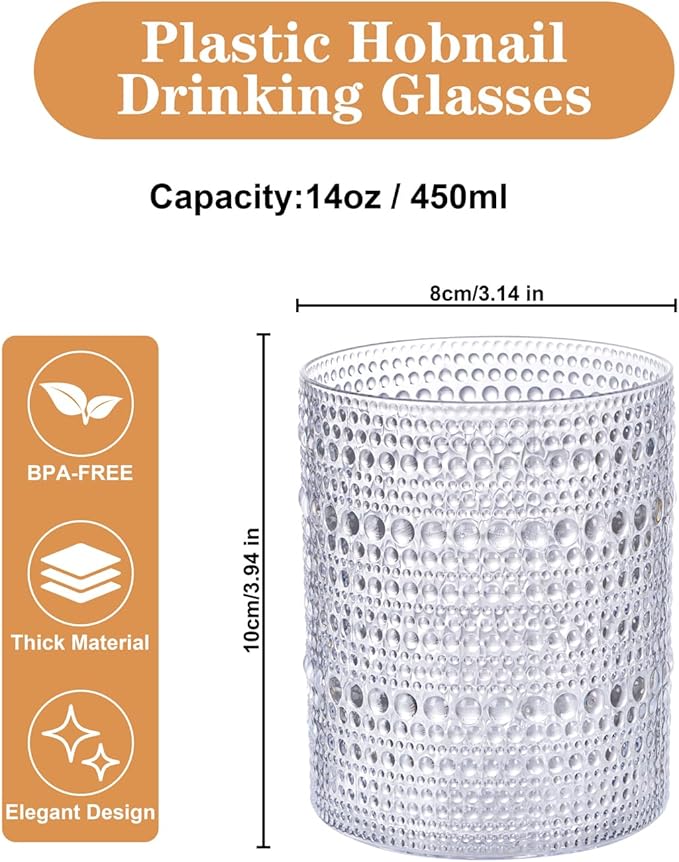 18PCS Plastic Hobnail Drinking Glasses - 14 Oz Clear Vintage Glasses Mixed Drinkware Sets - Disposable Beaded Cups for Beer, Whiskey, Juice, Cocktail, Wine, Party