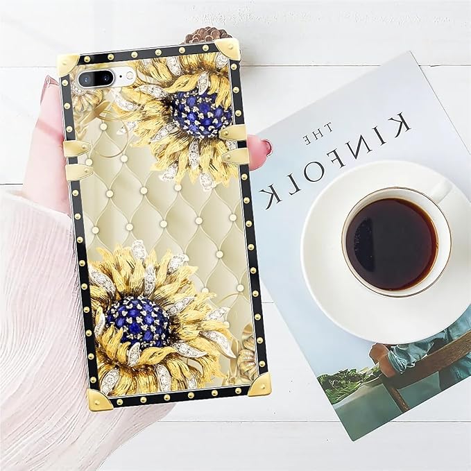 Compatible with iPhone 8 Plus 7 Plus Case, Sunflower Diamonds Leather Luxury Golden Decoration for Girl Women Soft TPU Shockproof Protective Hard PC Back for iPhone 8 Plus 7 Plus