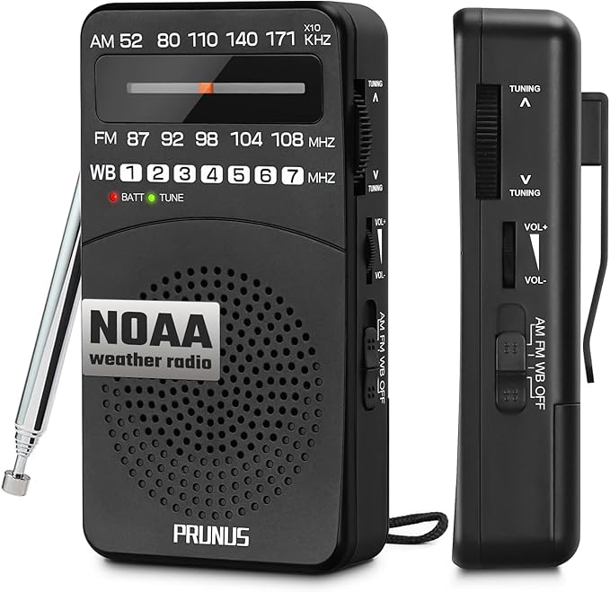 PRUNUS NOAA Weather Radio AM FM, Battery Powered Radio by AA, Transistor Radios, Earphone Jack, Portable Radio AM FM WB for Emergency, Hurricane, Floods, Snowstorms
