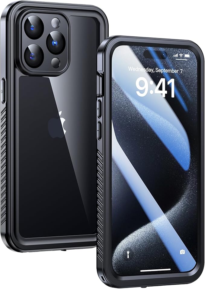 Lanhiem for iPhone 15 Pro Max Waterproof Case, Dustproof Case Built-in Screen Protector & Camera Protection, Full Body Heavy Duty Rugged Clear Phone Cover for 15 Pro Max (Black)