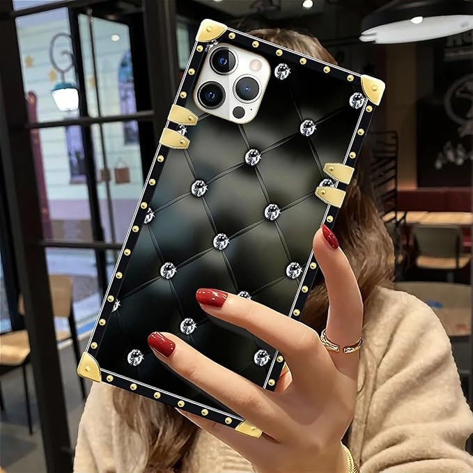 Compatible with iPhone 12/12 Pro Case, Shiny Black Sofa Crystal Luxury Golden Decoration for Girl Women Soft TPU Shockproof Protective Hard PC Back