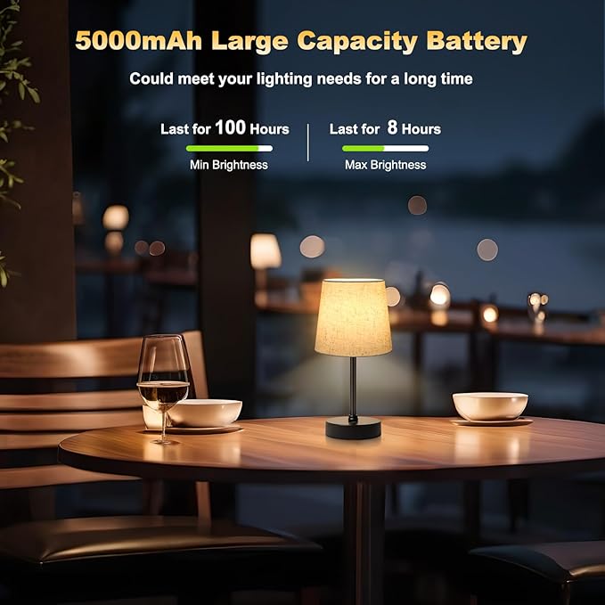 Wowag Small Cordless Table Lamp,5000mAh Rechargeable Battery Operated Desk Lamp,3 Colors & 7 RGB Stepless Dimmable, Portable Touch Fabric Shade LED Night Light for Bedroom Restaurant Home(Flaxen)