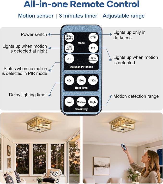 Lynnoland Motion Sensor Outdoor Ceiling Light with Remote, 12.2 Inch Gold Flush Mount Porch Light Fixture with United Glass Cover, 5 Modes Outside Flush Mount Light for Porch, Garage, Patio, Entryway