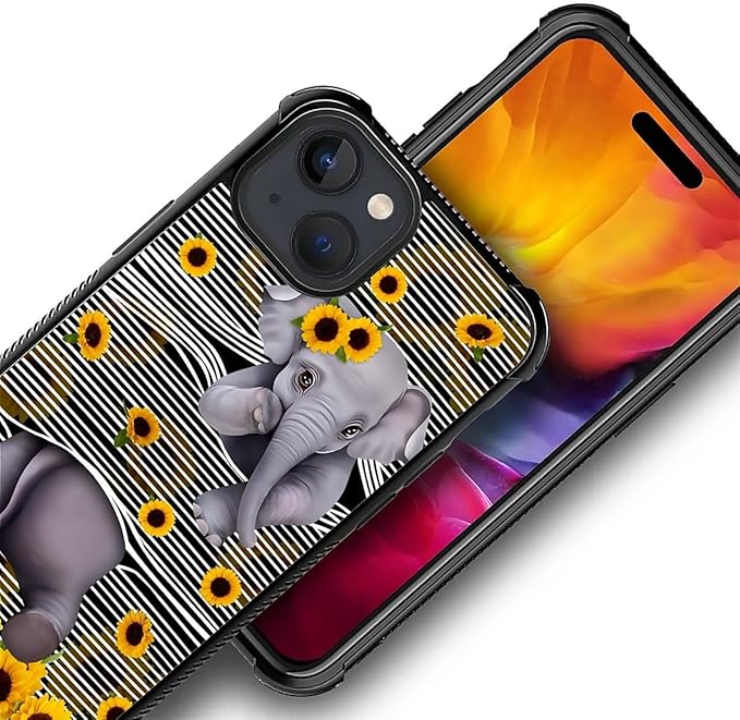 for iPhone 15 Case, Cute Little Elephant Sunflower White Line Art Pattern Graphic Design Girl Boy Soft Silicone Hard Acrylic Shock Protection for iPhone 15