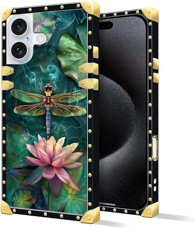 Compatible with iPhone 16 Plus Case, Colourful Dragonfly Pink Lily Pads Luxury Golden Decoration for Girl Women Soft TPU Shockproof Protective Hard PC Back