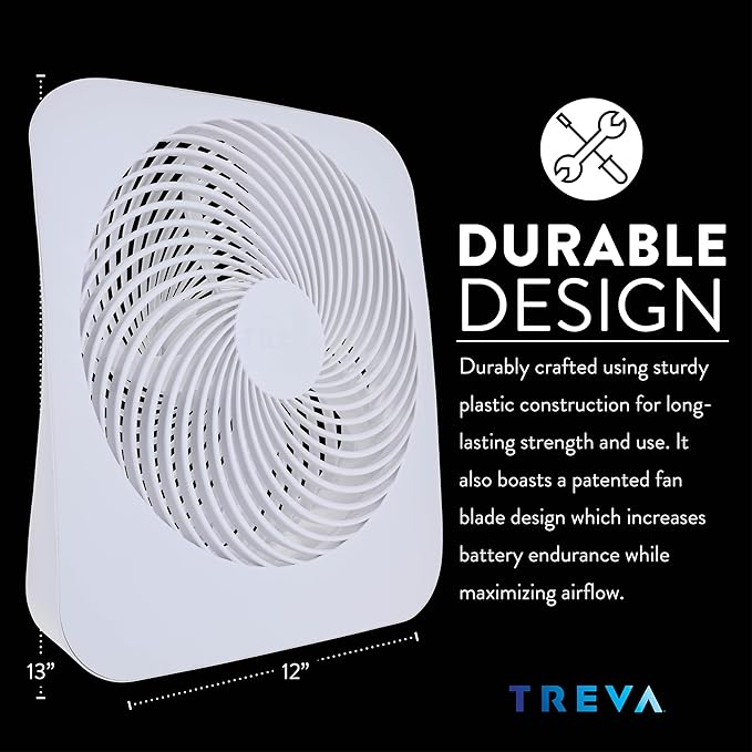 Treva 10-Inch Portable Fan, Powered by Battery and/or AC Adapter - Desk Fan Air Circulating with 2 Cooling Speeds for Personal and Travel Use (White)