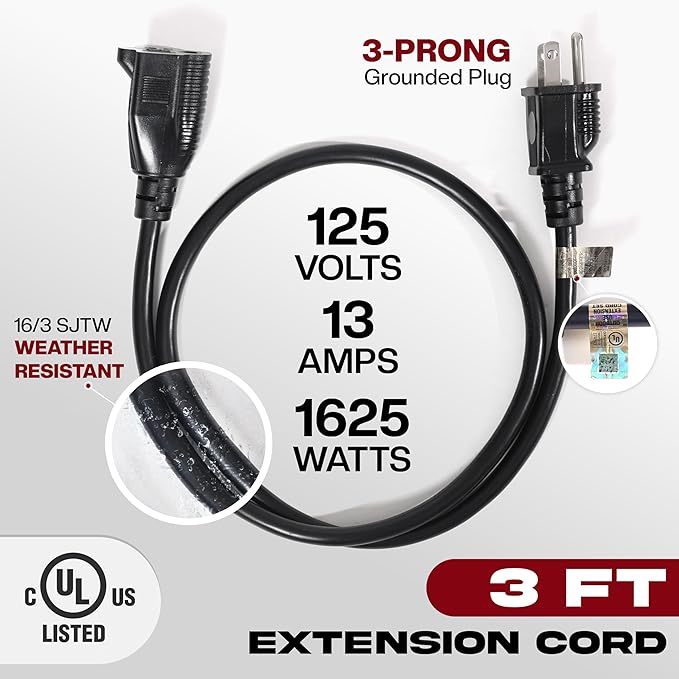2-Pack 3ft Black Extension Cord, 16/3 SJTW Heavy-Duty Power Cable, UL Listed, Weather-Resistant Cable for Indoor & Outdoor Use, 13 Amp/1625 Watt Capacity – 3 Prong Single Outlet Extension Cord