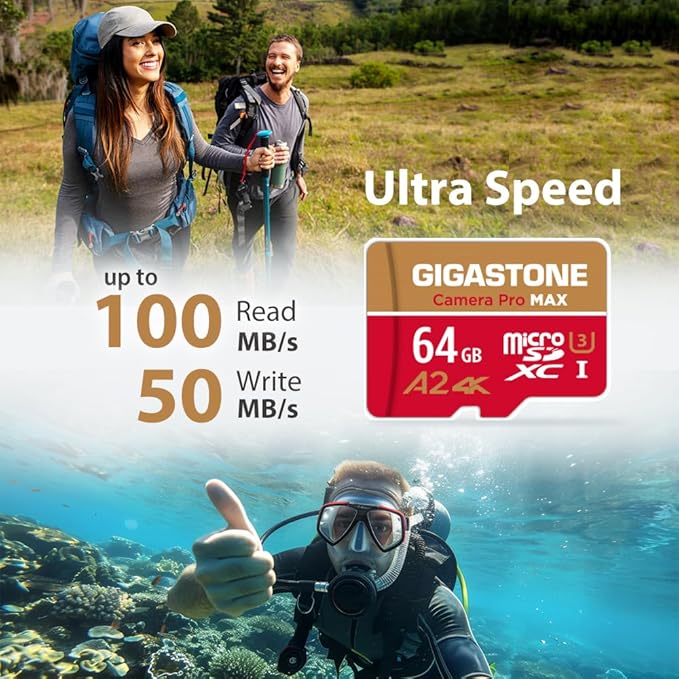 【5-Years Data Recovery】 GIGASTONE 64GB Micro SD Card, Camera Pro MAX, Compatible with Gopro, Dash Cam, DJI, Drone, Security Camera, Speed Up to 100MB/s, microSDXC UHS-I A2 4K U3 C10, with Adapter