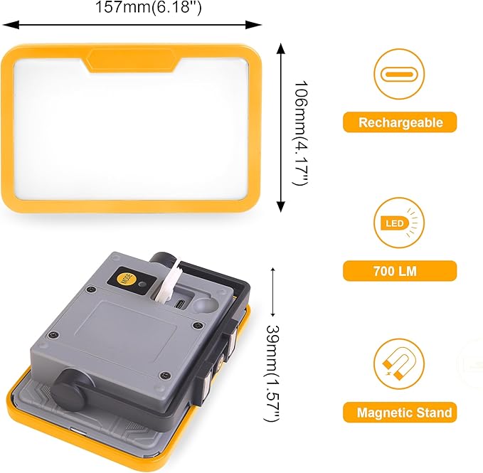 Rechargeable Work Light, 700LM Magnetic Work Light With Stand 3600mah Battery IP54 Waterproof Job Site Lighting For Indoor Outdoor Night-Work, Camping, Car Repairing (1)