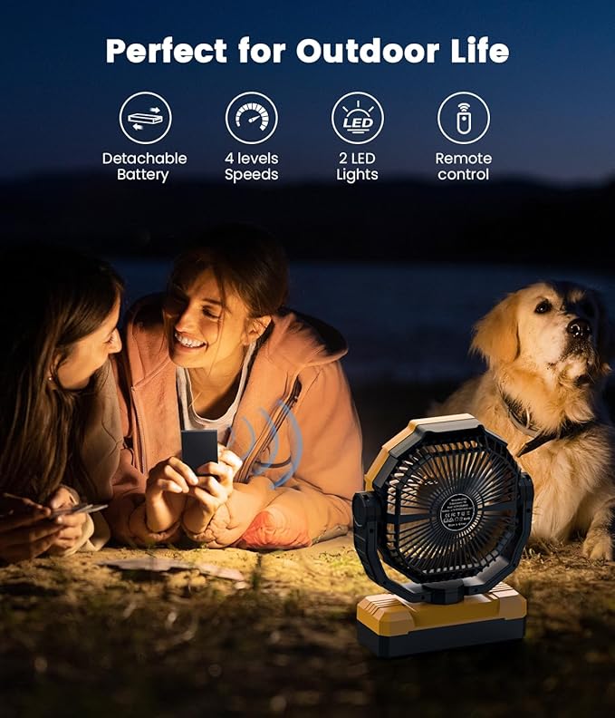 Korbot 36000mAh Portable Camping Fan - 120HRS Rechargeable Fan with Detachable Battery with LED & Remote - 4 Speeds Battery Powered for Tent,Travel, Office, Jobsite