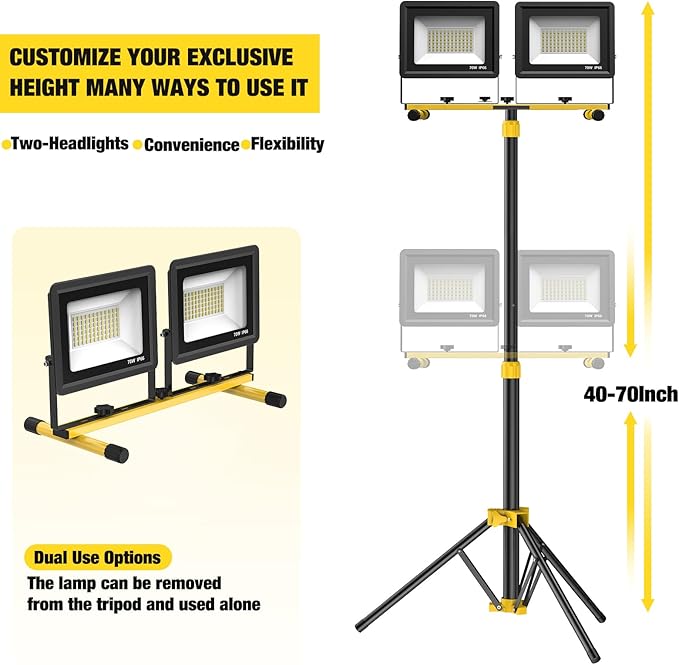 Upgraded LED Work Lights with Stand, 2-Head Adjustable Work Light, Waterproof Tripod Worklights with 16.5 FT Cord for Outdoor & Indoor Job Sites, Workshops, Construction, Garage Lighting