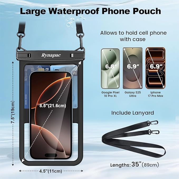 Rynapac [Up to 8.5" Waterproof Phone Pouch - 2 Pack IPX8 Waterproof Phone Case for iPhone 17 16 15 14 Pro Max Galaxy S26 Ultra, Touchscreen & Underwater Photography, Beach Cruise Travel Essentials